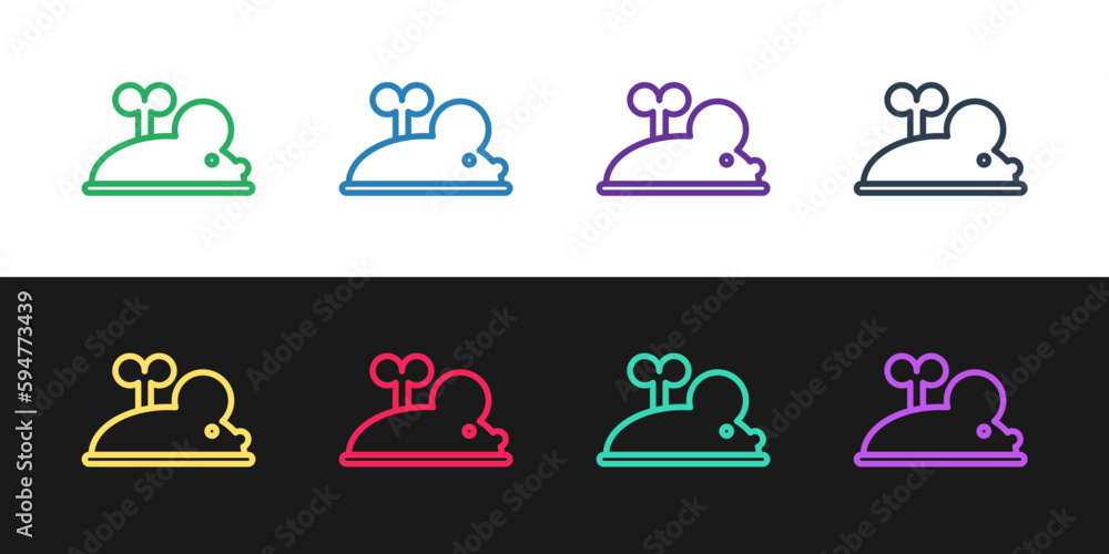 Poster set line clockwork mouse icon isolated on black and white background. wind up mouse toy. vector