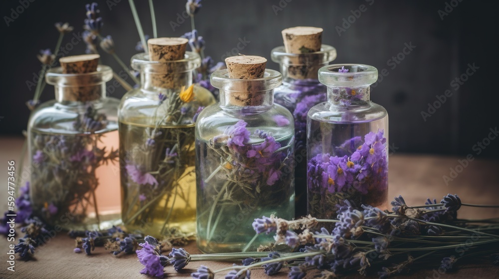 Poster a group of bottles filled with different types of flowers and herbs. generative ai