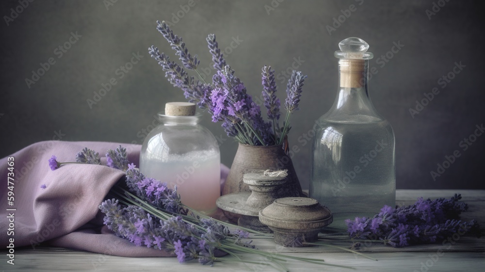 Aufkleber a table topped with bottles filled with lavenders next to a cloth. generative ai