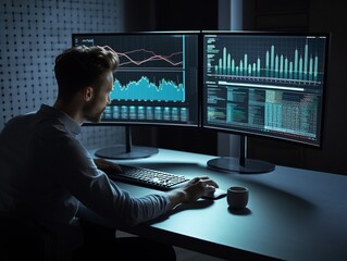 Man analyzing data on two screens
