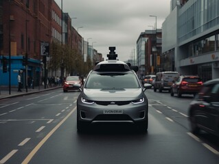 Self driving vehicle on the street in front view