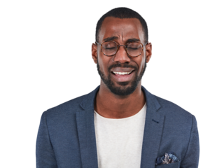 Sad, crying and black man with depression on isolated, transparent and png background. Stress, cry and unhappy face of African businessman with anxiety, fail and disaster, crisis and burnout risk