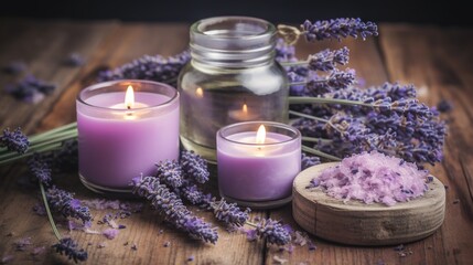 Obraz na płótnie Canvas a couple of candles sitting next to a jar of lavender. generative ai