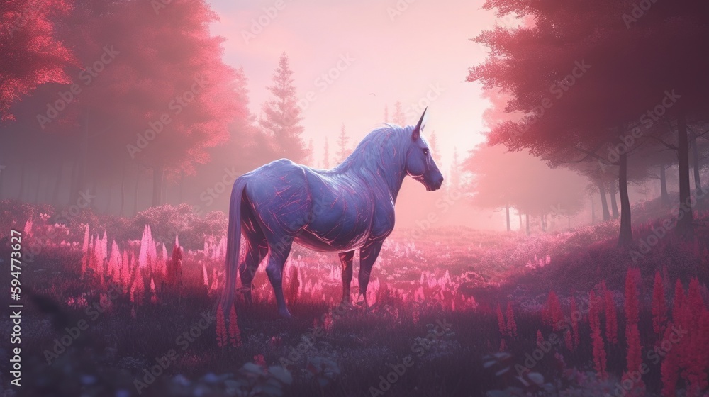Poster a unicorn standing in the middle of a field of flowers. generative ai