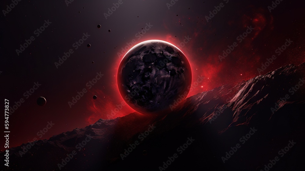 Poster a space scene with planets and stars in the sky and a red light. generative ai