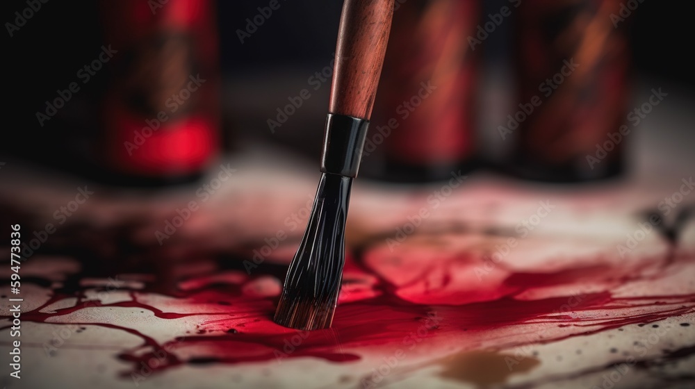 Poster a paintbrush with red paint on it and three red bottles in the background. generative ai