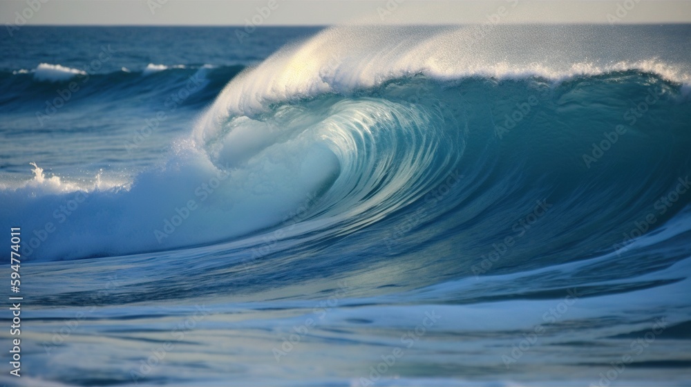 Poster a large wave in the middle of the ocean with a sky background. generative ai