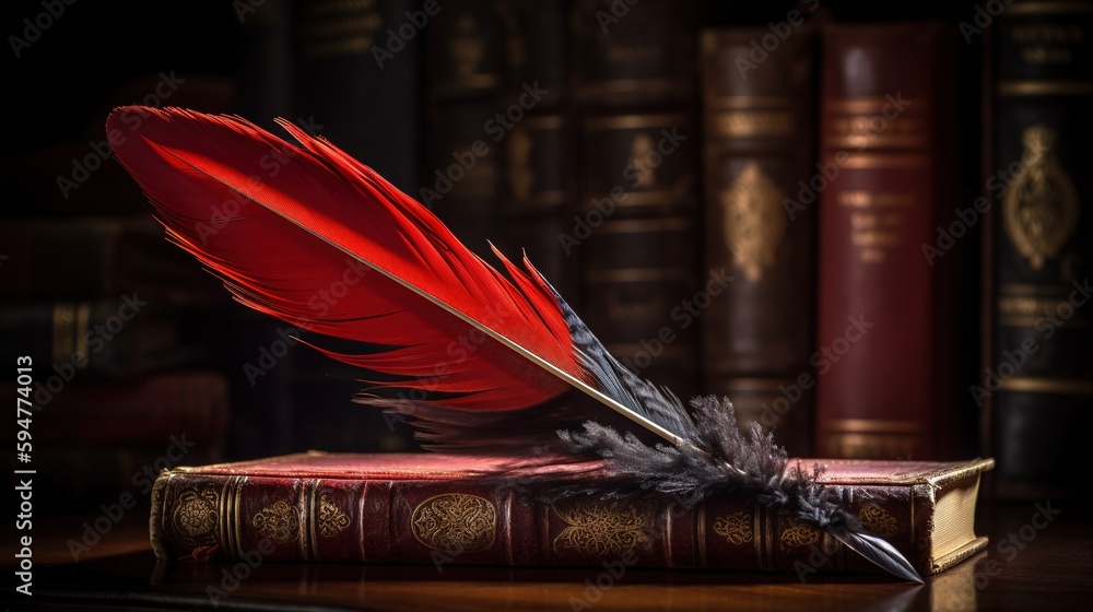 Aufkleber a red feather quill resting on a book with books in the background. generative ai