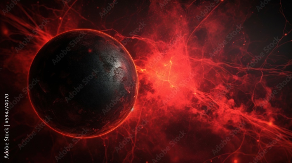 Poster a red and black space scene with a planet in the center. generative ai