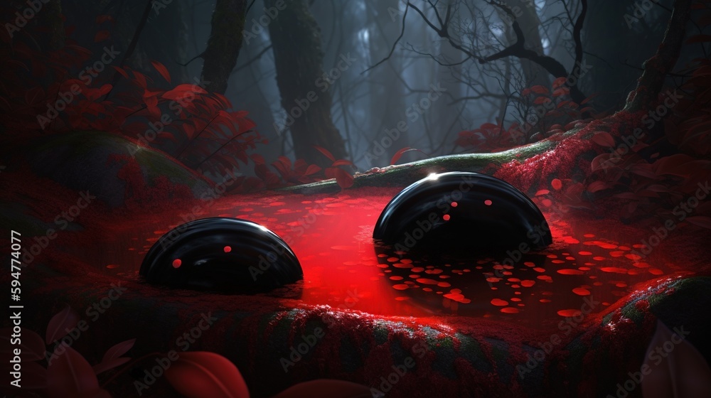 Poster a painting of two rocks in a forest with red light coming from them. generative ai