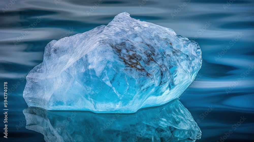Poster an iceberg floating in the water with a reflection on the water. generative ai