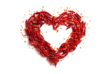 Red chili peppers in the shape of a heart on a white background. Top view. Generative AI