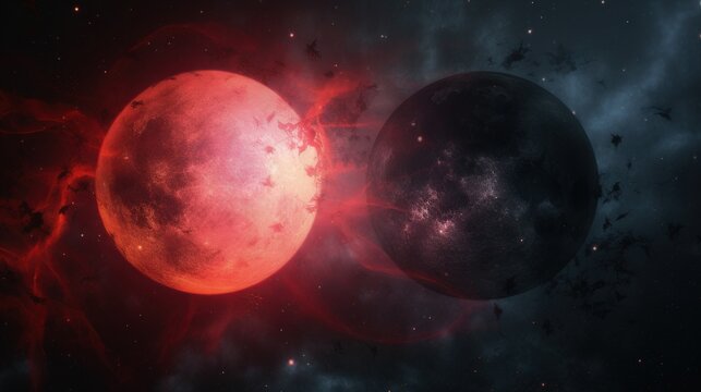  two planets in the sky with a red and black background. generative ai © Oleg