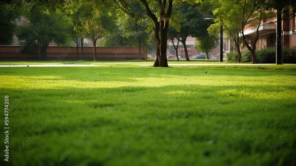 Poster a grassy field with trees and buildings in the background and a bench in the foreground. generative 