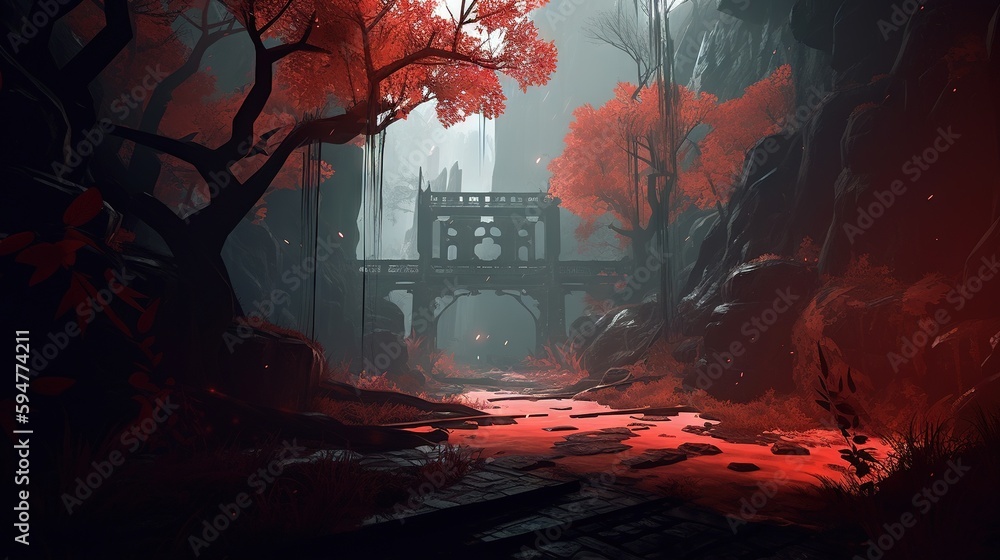 Poster a bridge over a stream in a forest with red leaves. generative ai