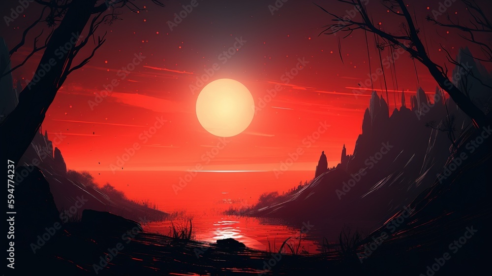 Poster a painting of a red sunset with a river running through it. generative ai
