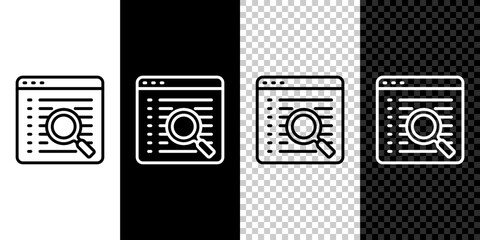 Set line Search engine icon isolated on black and white, transparent background. Vector