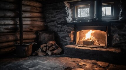  a log cabin with a fire in the fireplace and logs.  generative ai