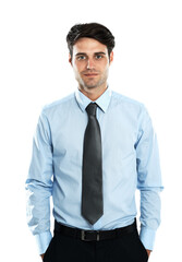 Portrait, professional or PNG and a business man isolated on a transparent background with his mindset on the future. Face, hands in pockets and a handsome young, motivated entrepreneur at work