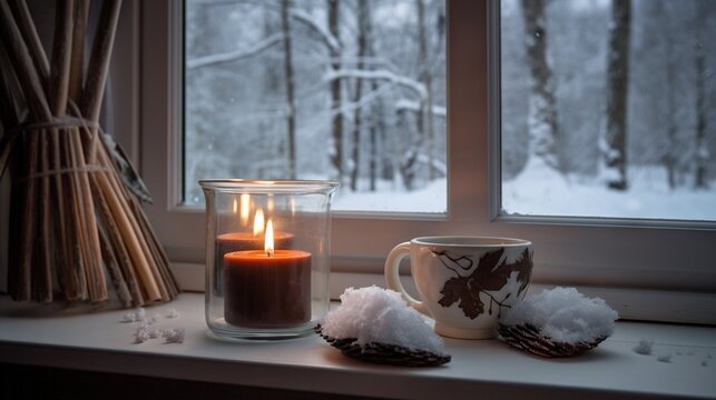  a candle and a cup sitting on a window sill.  generative ai