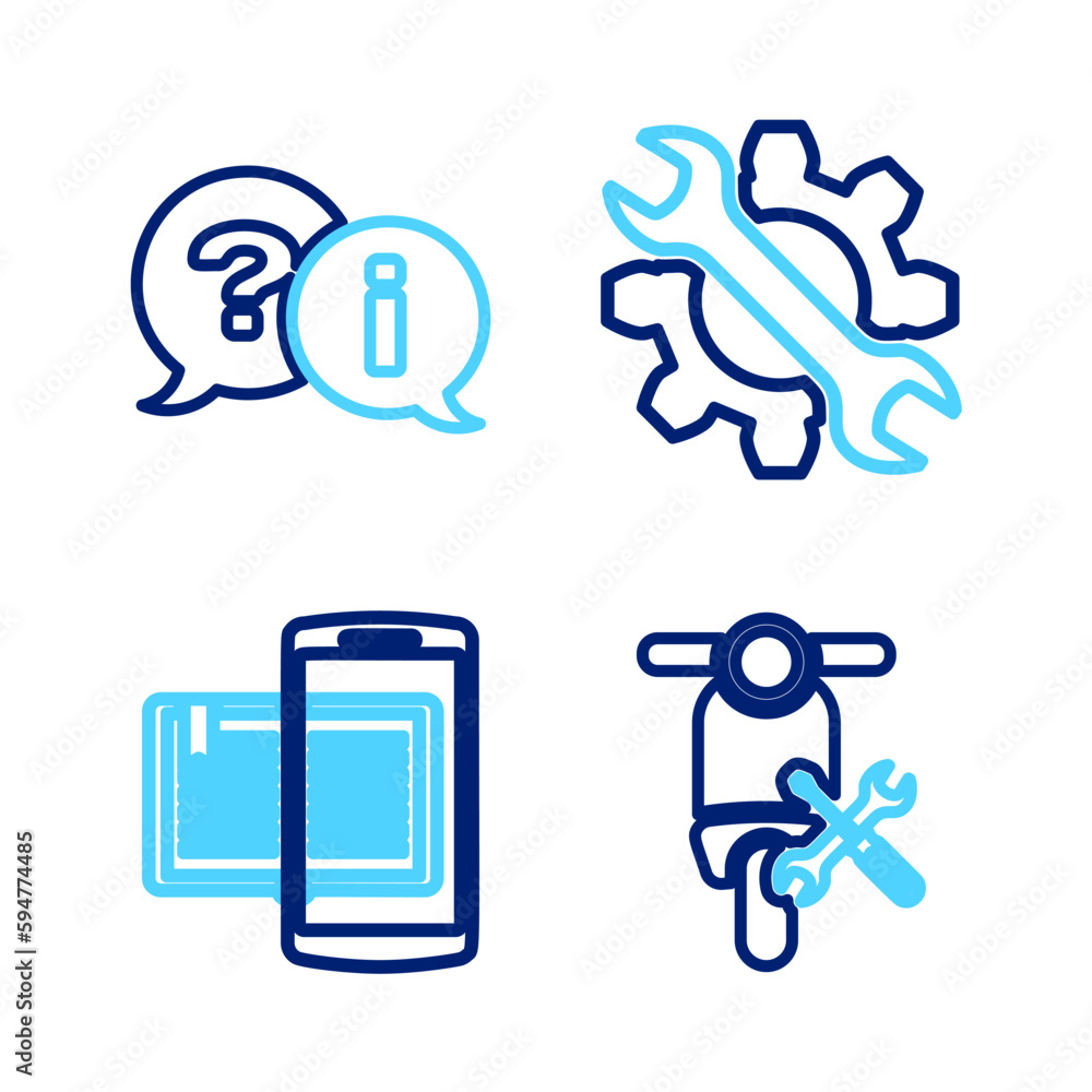 Sticker Set line Scooter service, Smartphone and book, Wrench gear and Question Exclamation icon. Vector