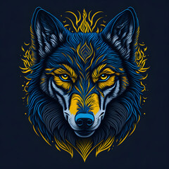 T-shirt design with realistic wolf portrait. Colorful print design of wolf head on dark background. AI generated illustration