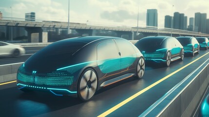 Obraz na płótnie Canvas Futuristic car vehicles on highway with full self driving. AI generated