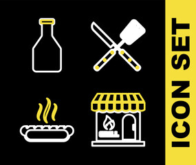 Set line Crossed knife and spatula, Barbecue shopping building, Hotdog sandwich and Ketchup bottle icon. Vector