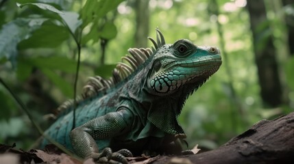Fototapeta premium Iguana in a cinematic tropical forest background with beautiful colors generative ai
