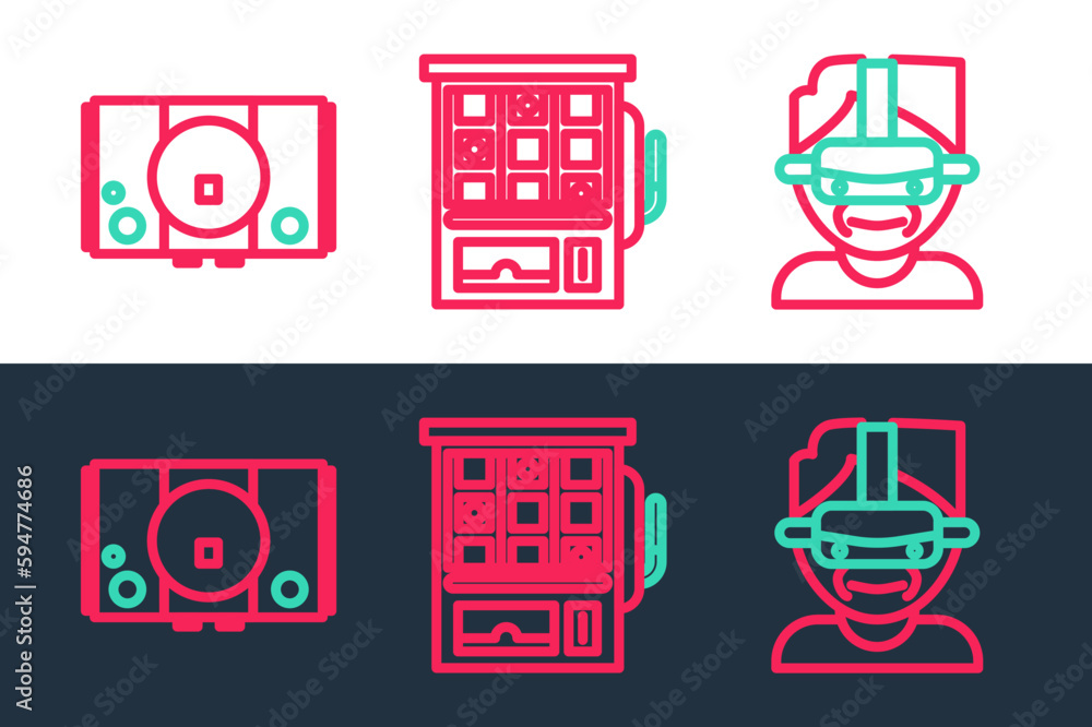 Poster set line virtual reality glasses, video game console and slot machine icon. vector