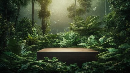 Obraz na płótnie Canvas A stone podium for product presentation in a lush green jungle forest environment. Mock-up. AI generated