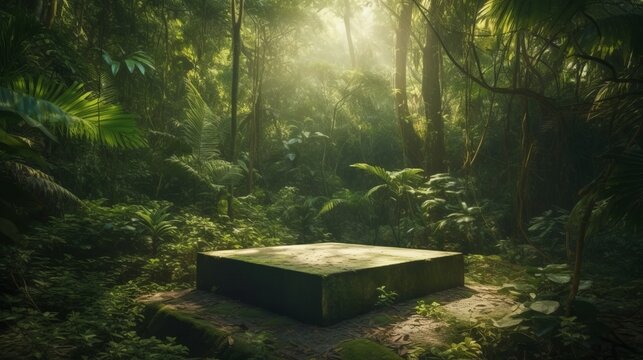 A stone podium for product presentation in a lush green jungle forest environment. Mock-up. AI generated