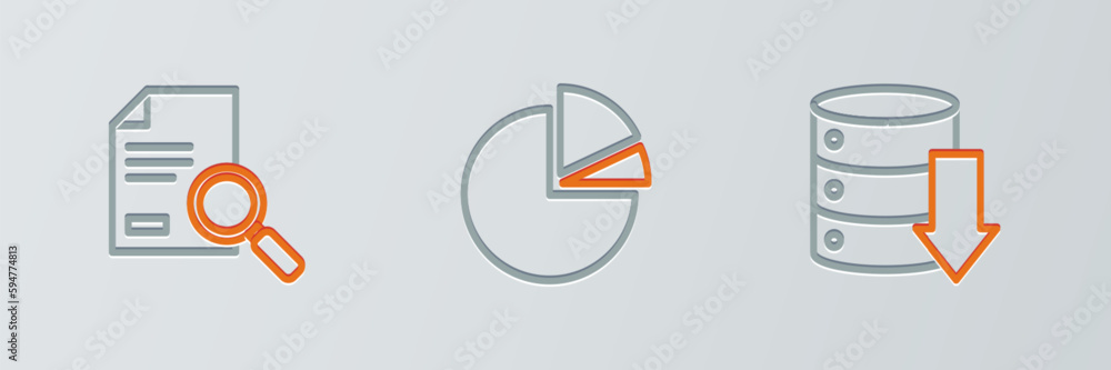 Poster set line server, data, web hosting, document with search and pie chart infographic icon. vector