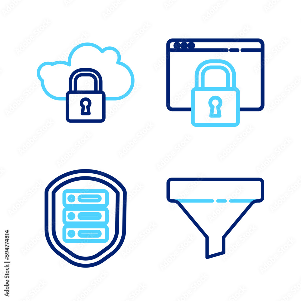 Poster set line sales funnel, server with shield, secure your site https, ssl and cloud computing lock icon
