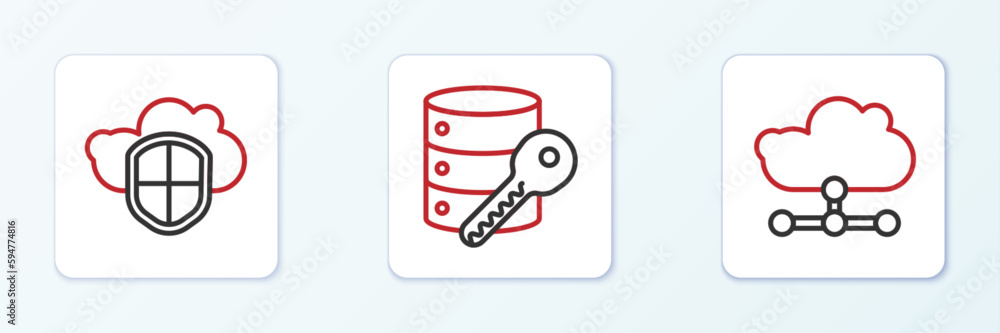 Poster set line network cloud connection, cloud and shield and server security with key icon. vector