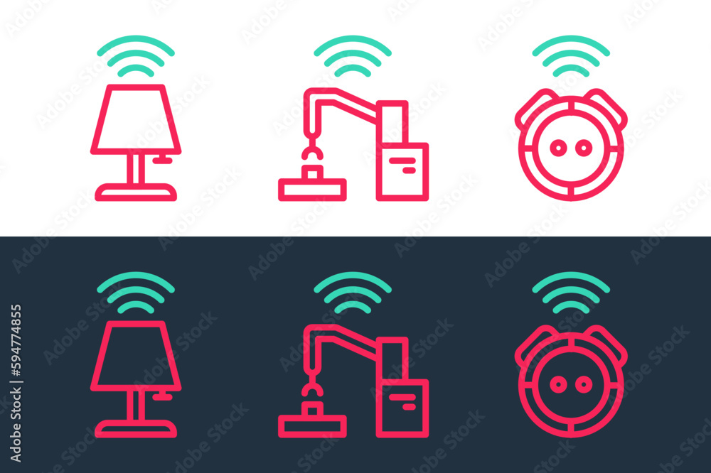 Poster set line robot vacuum cleaner, smart table lamp and robotic robot arm hand factory icon. vector