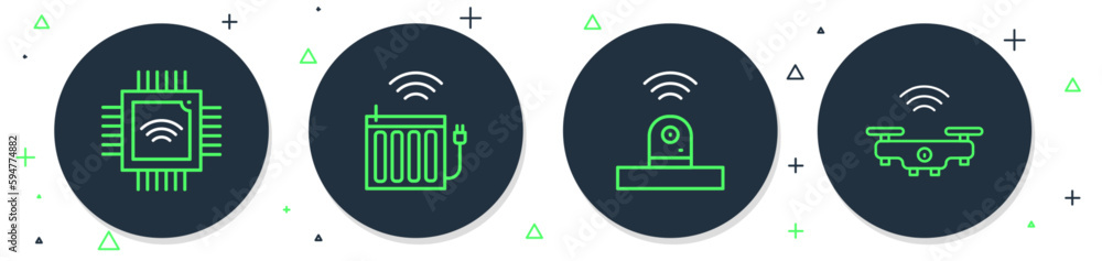 Poster set line smart heating radiator, security camera, processor with microcircuits cpu and drone icon. v