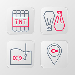 Set line Location fishing, Fishing hook with, Rubber flippers for swimming and Detonate dynamite bomb stick icon. Vector