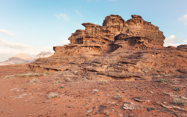 Red orange sandstone rocks formations in Wadi Rum also known as Valley of the Moon desert, Jordan