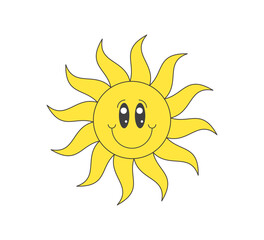 Retro groovy cheerful sun character. Psychedelic hippie funky solar mascot. Abstract vintage hippy funny smile sticker. Trendy y2k pop culture smiling sunny hipster symbol. Vector eps trippy print