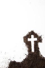 top view cross shape with dark soil on the white surface death funeral grim reaper