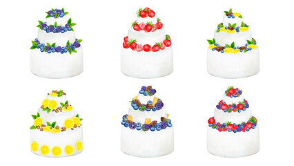 A set of birthday cakes decorated with berries, flowers, fruits. Wedding, birthday, anniversary design. Watercolor holiday clipart for greeting cards, invitations, menus, logos, fabric prints.