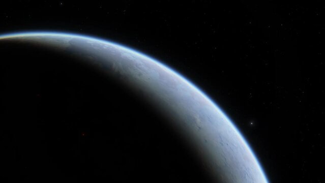 Cinematic animation of exoplanet in another solar system. A geologically active planet in another galaxy. 4k animation of an alien planet with a solid surface and an atmosphere of oxygen in deep space