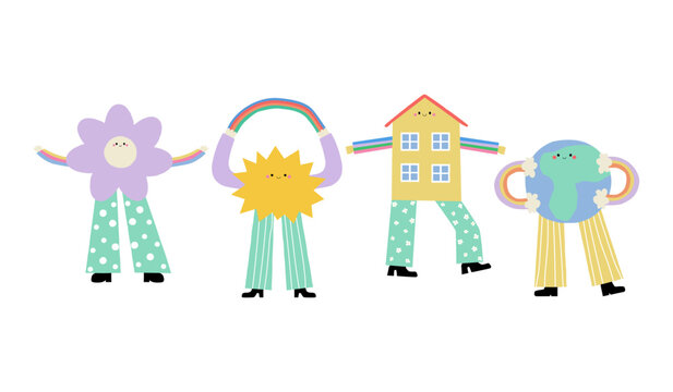 Set of funny cartoon characters. Flower, sun, house and earth with feet and hands. Vector illustration.