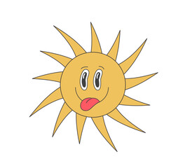 Retro groovy sun crazy character show tongue. Psychedelic hippie old funny solar mascot. Abstract vintage hippy smiley sticker. Trendy y2k pop culture smiling sunny hipster symbol. Vector trippy print