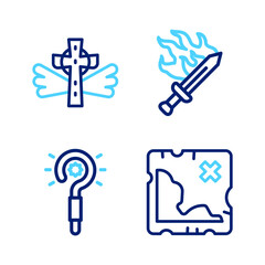 Set line Pirate treasure map, Magic wand, Sword for game and Christian cross icon. Vector