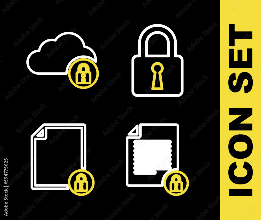 Poster set line lock, document and lock, and cloud computing icon. vector