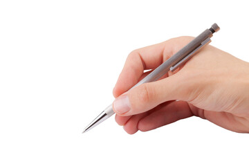 Man writing with a simple modern silver pen, hand isolated on white background, cut out, writing gesture, hand closeup. Signing a document, pointing with a pen, circling, exam writing, filling a form