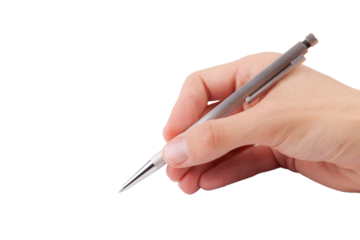 Man writing with a simple modern silver pen, hand isolated on white background, cut out, writing gesture, hand closeup. Signing a document, pointing with a pen, circling, exam writing, filling a form