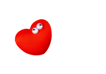 Two little funny quirky red hearts, heart pair, objects isolated on white background, cut out, nobody. Valentines day, love symbol concept, design element. Heart with eyes and heart with a ladybug